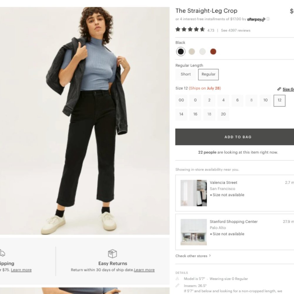 Everlane Straight Leg Crop Pant (Regular) Black 12